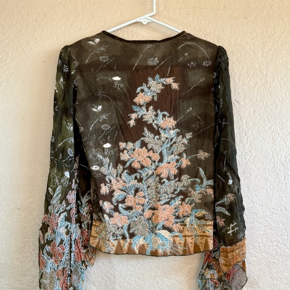 90s Y2K Rene Derhy Top Olive Green Floral Sequin Sheer Velvet Trim Hippie Boho - Picture 11 of 12